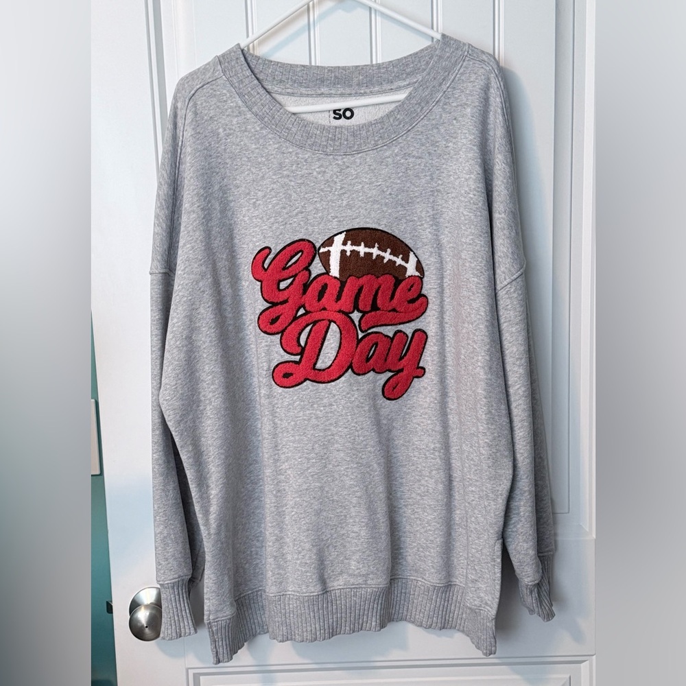 SO Light Gray Fleece oversized Sweatshirt with chenille football Game Day Patch